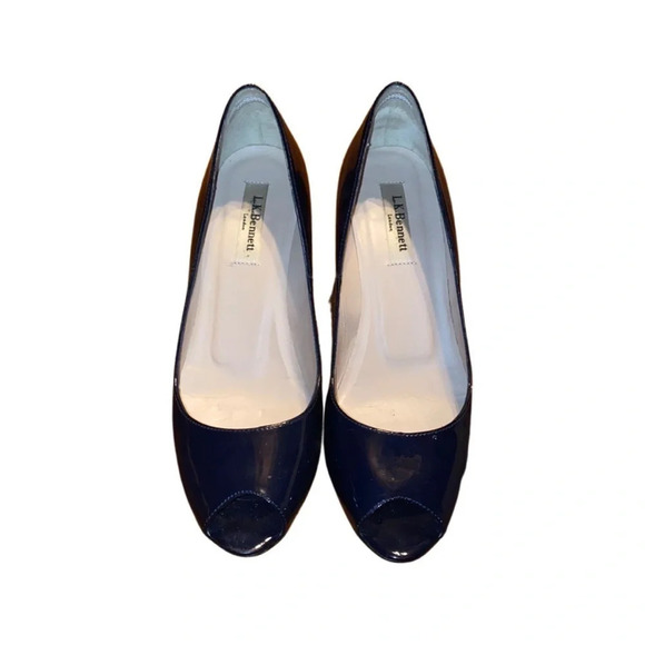 LK Bennett Navy Blue Edee Patent Leather Peep Toe Wedges Size 39.5 - Picture 7 of 7